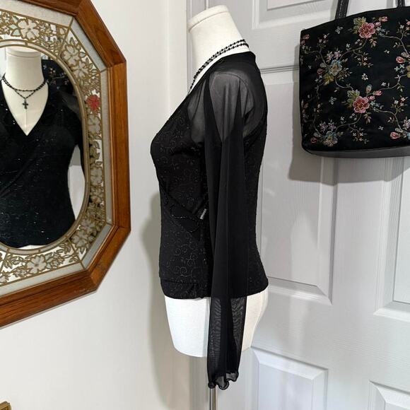 VTG Y2K Hani Black Sparkly Swirl Pattern Beaded Faux Wrap Bell Sleeve Whimsy Top - Picture 4 of 8